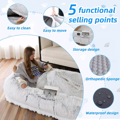 Human Dog Bed, Washable Faux Fur Dog Bed for People Doze Off, Napping Orthopedic Dog Bed,71''x45''x14'' Size Fits You and Pets