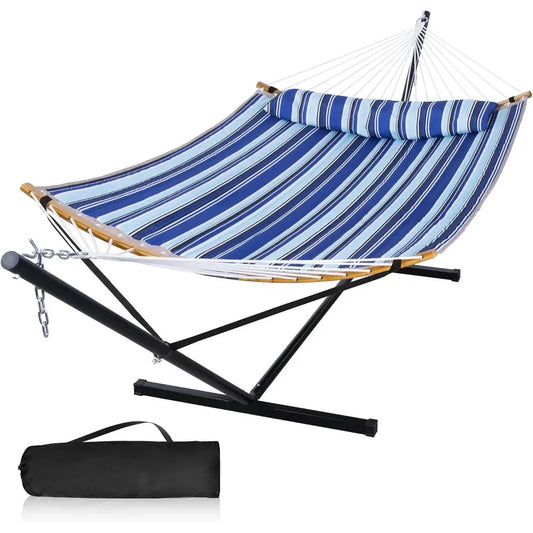 Blue Stripe 2-Person Outdoor Hammock with Stand, Curved Bars, Pillow, and Carry Bag, 450 lbs Capacity