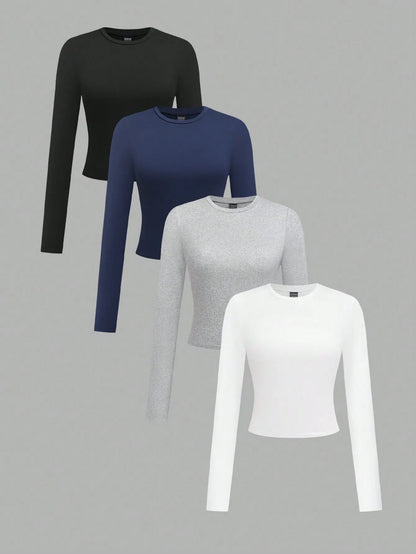 4-Pack Women's Solid Color Round Neck Long Sleeve Crop Tops, Casual Fall/Winter Tees