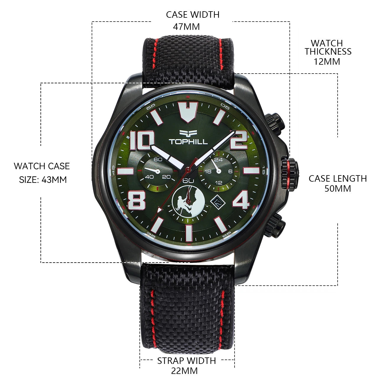 TOPHILL Men’s Solar Chronograph Watch Military Style 43mm VS75 Movement Sapphire Crystal 100M Waterproof Wristwatch