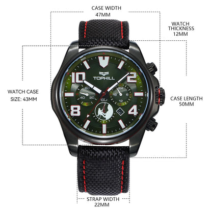 TOPHILL Men’s Solar Chronograph Watch Military Style 43mm VS75 Movement Sapphire Crystal 100M Waterproof Wristwatch