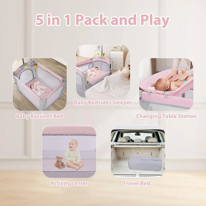 5-in-1 Pink Baby Bassinet Bedside Crib, Foldable Playard with Travel Bag for Infant Newborn