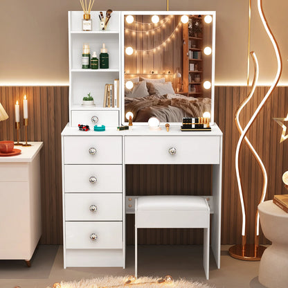【11.11 Deals, Black Friday Deals 2025】Dressing Table Mirror Drawers Vanity Makeup Desk Stool Set With LED Lights White + Stool