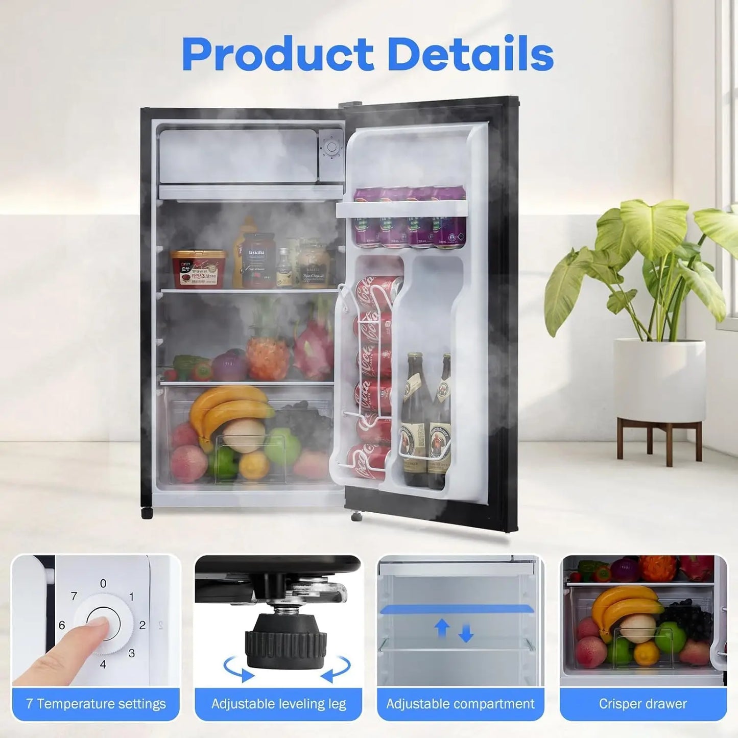 4.3 Cu.Ft Mini Fridge With Freezer, Single Door Small Refrigerator, 7 Settings Temperature Adjustable, Low Noise, For Home, RV