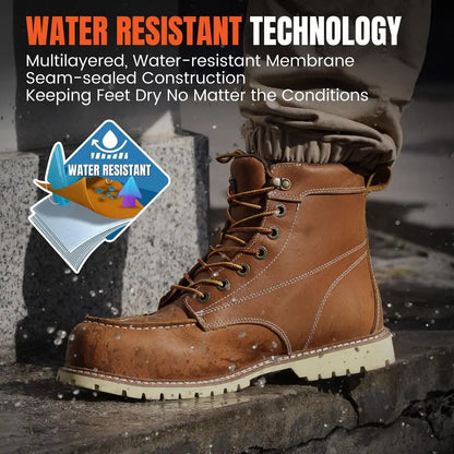 Mens Composite Toe Work Boots, NonSlip Safety Shoes, WaterResistant Leather Construction Boots