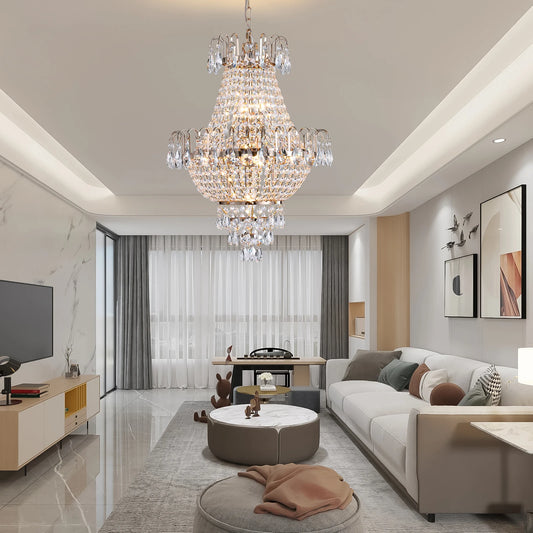 16.9-Inch 7-Head French Gold Crystal Chandelier, Height Adjustable, Suitable for Living Room, Dining Room, Foyer, and Hallway, Vintage Luxury Ceiling/Hanging Dual-Use Lighting Fixture