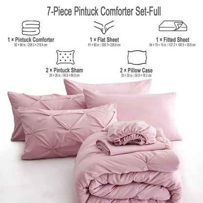7pc Full Size Comforter Set with Sheets, Pinched Pleat 7 Piece Bed in a Bag Blush Bed Set with Comforter, Pintuck All Season Bed