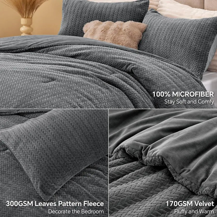 Flannel Fleece Queen Comforter Set Furry Grey Leaves Pattern Faux Fur Bed Set, Winter Ultra Soft Fuzzy Comfort Set, Velvet Beddi