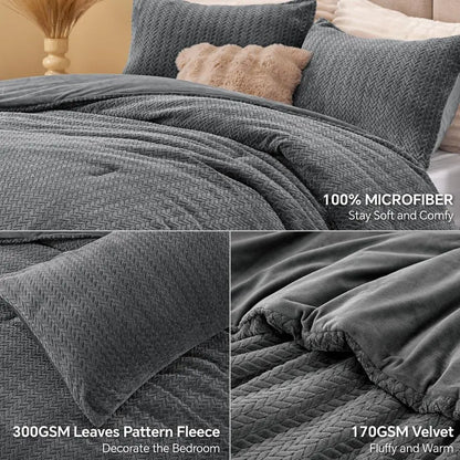 Flannel Fleece Queen Comforter Set Furry Grey Leaves Pattern Faux Fur Bed Set, Winter Ultra Soft Fuzzy Comfort Set, Velvet Beddi