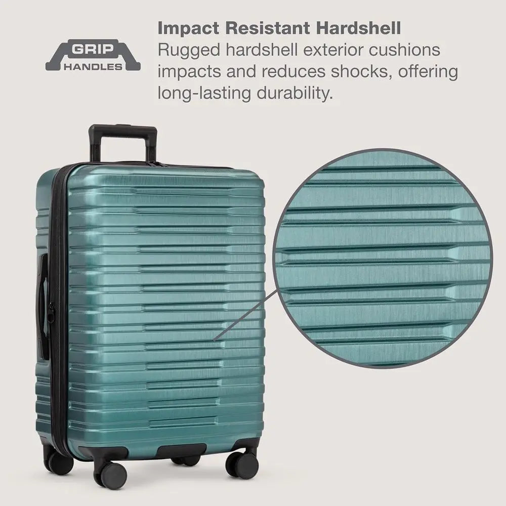 Medium 26-Inch Red Boren Expandable Hardshell Spinner Luggage with 8 Teal Wheels