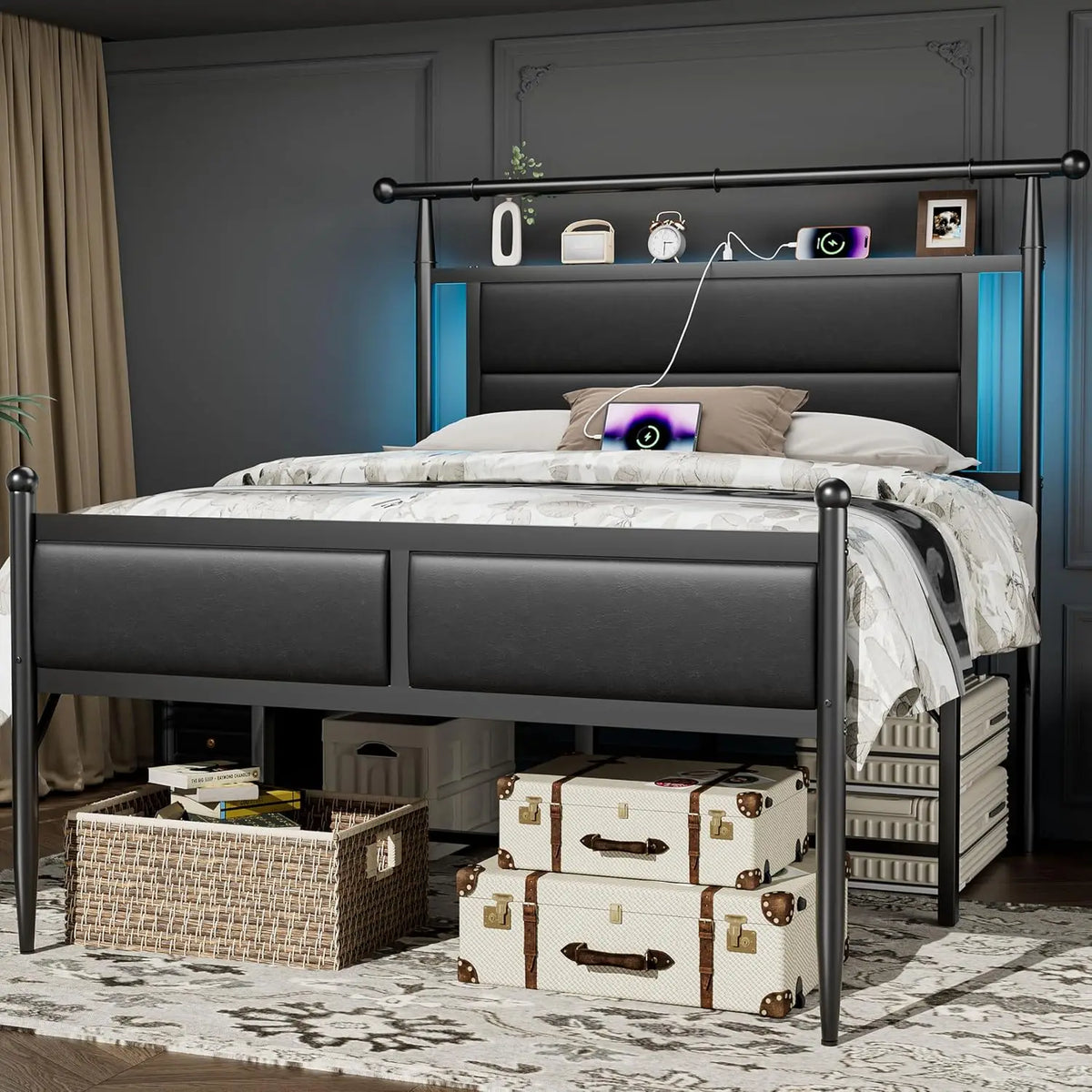 20 Inch Tall Bed Frame Queen Size with Headboard and LED Lights, Black