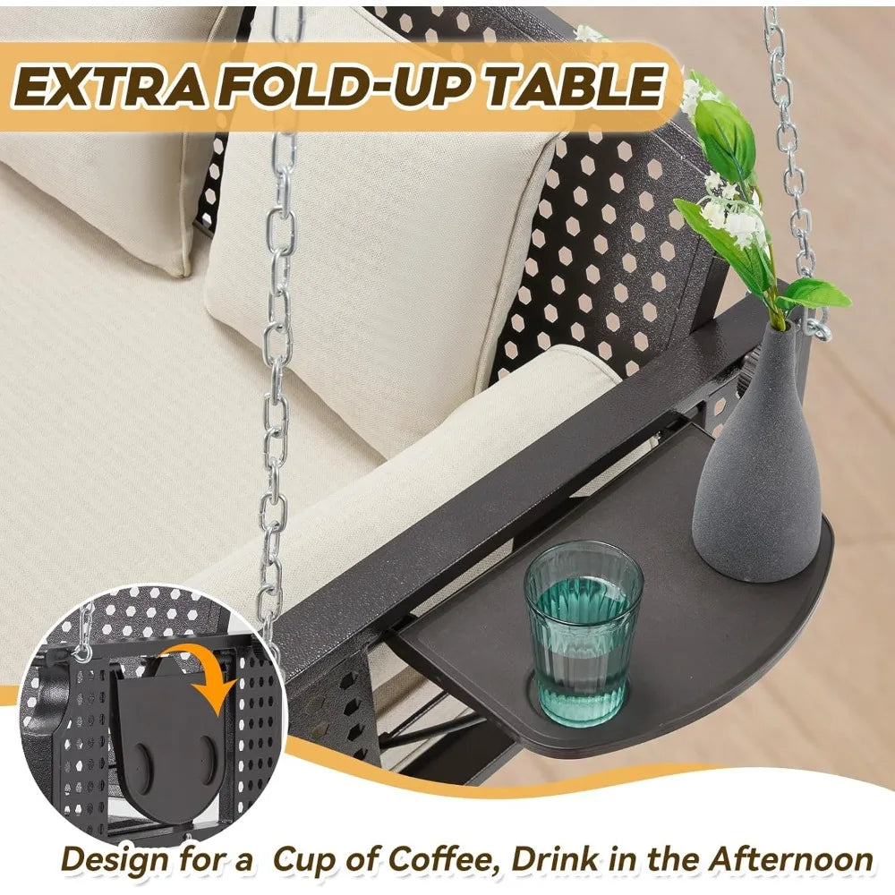 Three Porch Swing Chairs, A Terrace Swing Bench with Cup Holders and Three Cushions, with Chains