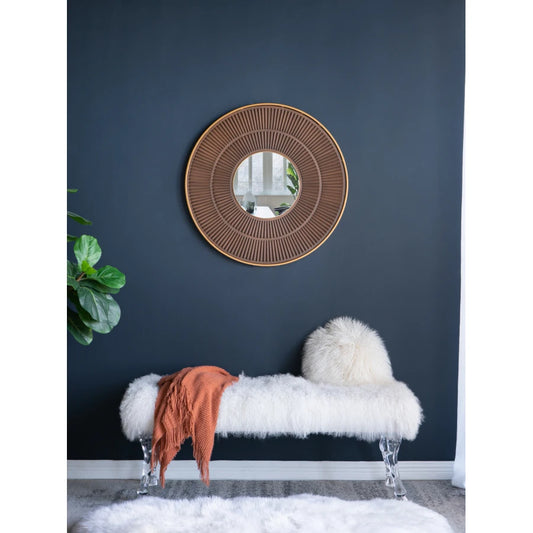 31.5x1x31.5" Round Carter Wooden Mirror with Gold Iron Frame Neutral Colorway Wall Decor for Live space Bathroom Entryway Wall