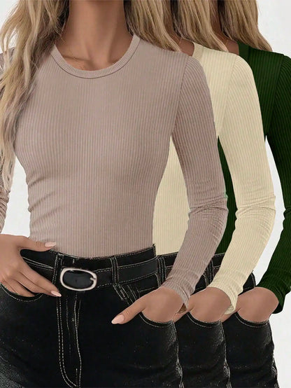 3pcs Women's Solid Ribbed Long Sleeve Crew Neck T-Shirts for Casual Wear