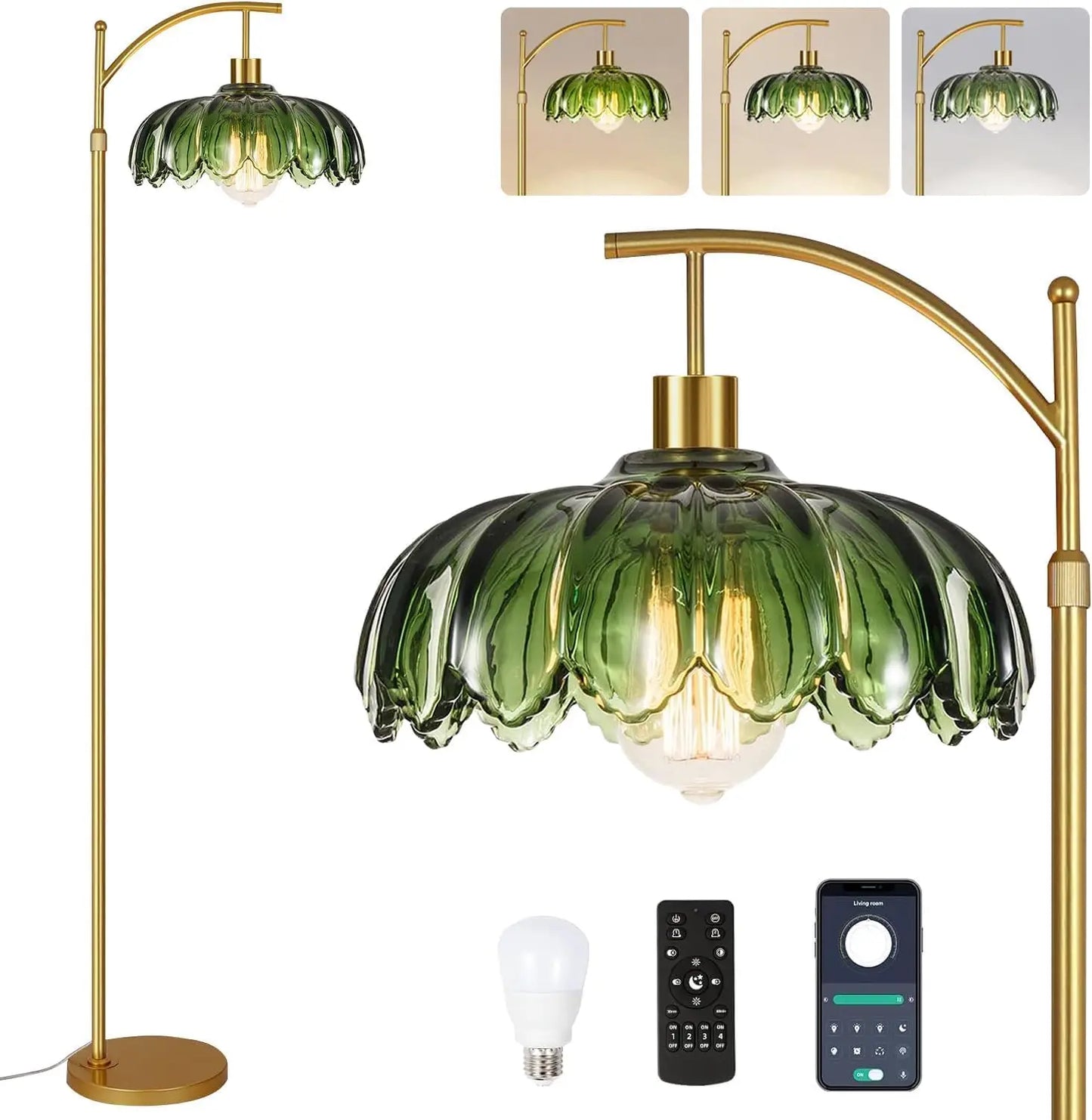 Mid Century Modern Glass Floor Lamp with Remote, Dimmable Gold Arc Light for Living Room, Bedroom, Vintage Retro Green Boho Styl