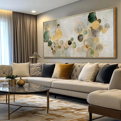 Abstract Gold Circle Canvas Wall Art, Green Framed Painting 29x58 Inches for Living Room Bedroom Office Decor
