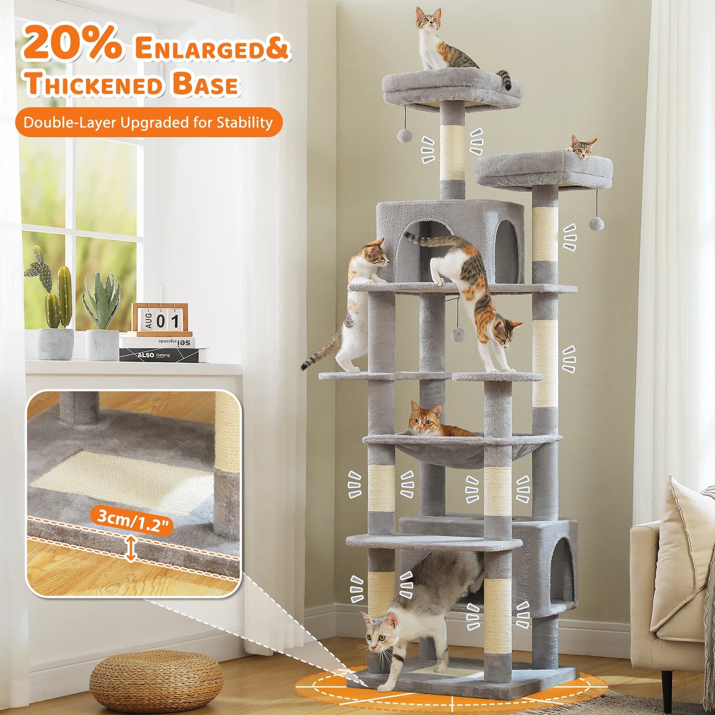 81 Inches Cat Tree Tower with Oversized Hammock&Perches, Two Condos, XL Extra Large Condo with 7 Scratching Posts for Large Cats