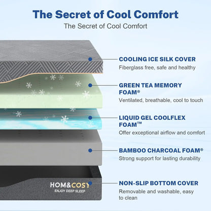 Hcore 10 Inch Queen Size Mattress, Luxury Cooling Gel Green Tea Memory Foam Firm Mattress, Medium Firm to Firm Mattress.
