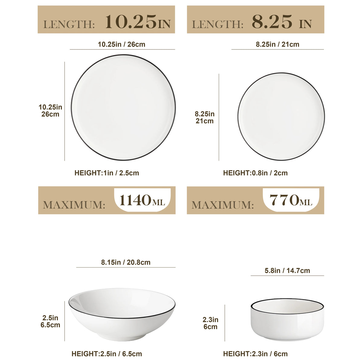 MALACASA 24/48Piece Ceramic Plates Black Rim Porcelain Dinnerware Set  6/12 Pcs Dinner/Soup/Dessert Plates/Bowl Service for 6/12
