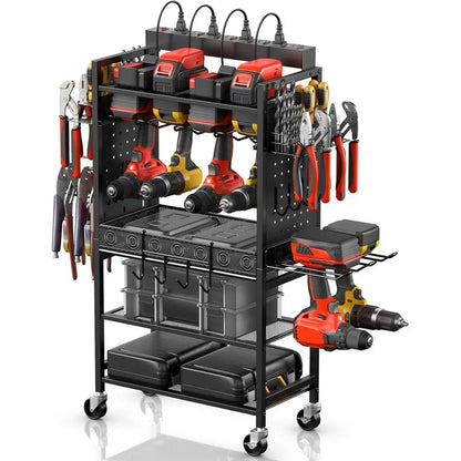 Black Rolling Garage Storage Cart with Power Tool Organizer and Charging Station for Mechanics