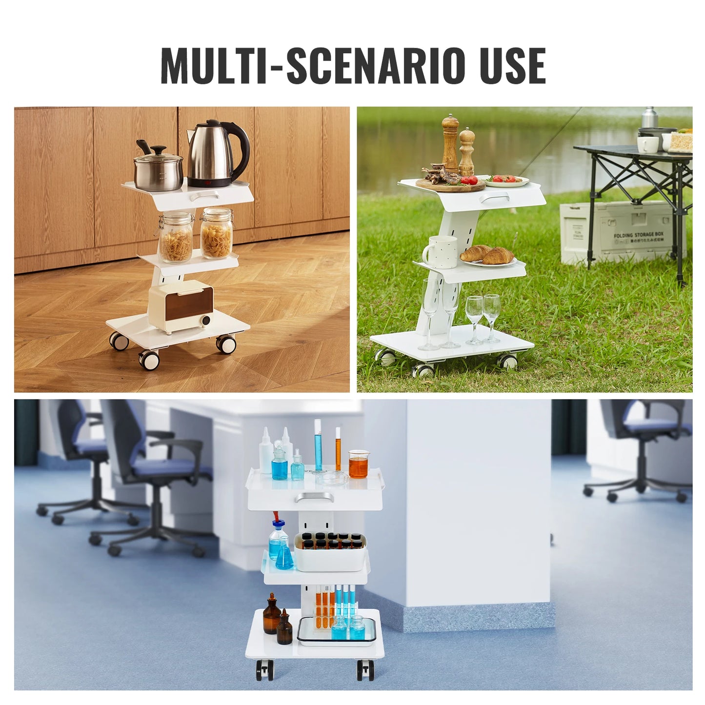 VEVOR Lab Trolley 3-Layer Rolling Cart Metal Mobile Trolley  220 lbs Weight Capacity for Lab Clinic Beauty and Salon