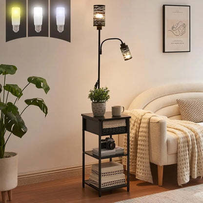 Floor Lamp with End Table, Wicker Drawer & Shelf, 2 Bulbs Included, Small Space Nightstand for Bedroom, Living Room