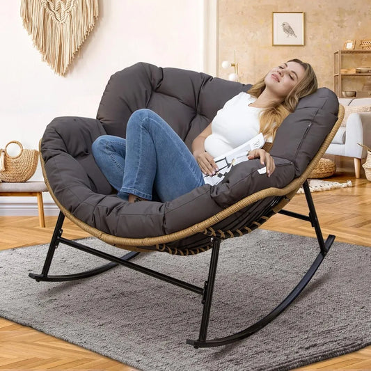 Outdoor Papasan Rocking Chair with Padded Cushion, All-Weather Patio Egg Rocker, Large Rattan Glider Indoor, Wide Cozy