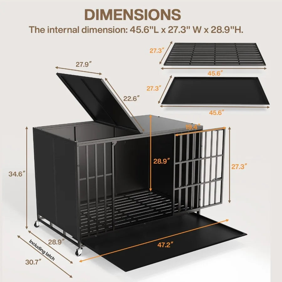 48/42 inch Heavy Duty Indestructible Dog Crate for High Anxiety Large Dogs Extra Large Steel Escape Proof Dog Kennel with Wheel
