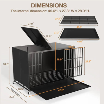 48/42 inch Heavy Duty Indestructible Dog Crate for High Anxiety Large Dogs Extra Large Steel Escape Proof Dog Kennel with Wheel
