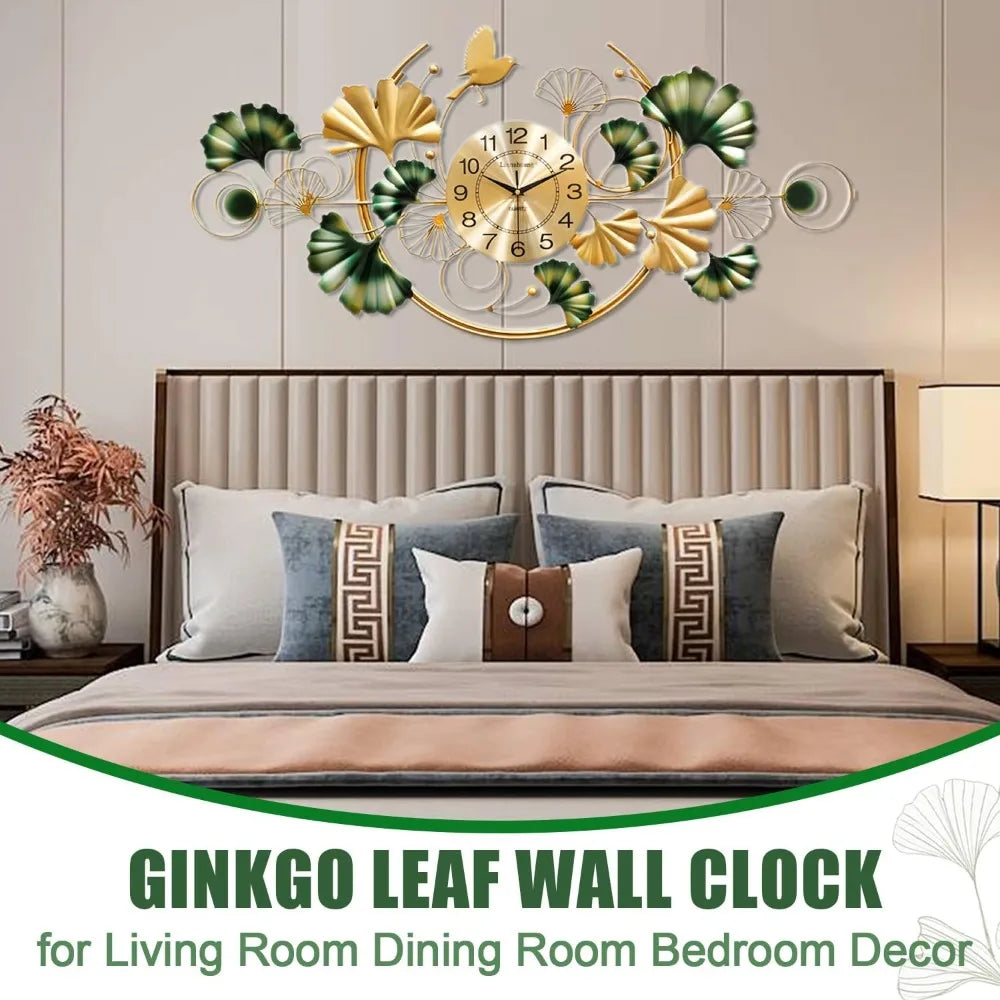 Large Wall Clock for Living Room, 3D 47 Inch Metal Ginkgo Leaf Wall Decor, Boho Silent Non-Ticking Hanging Wall Clocks, Decorati
