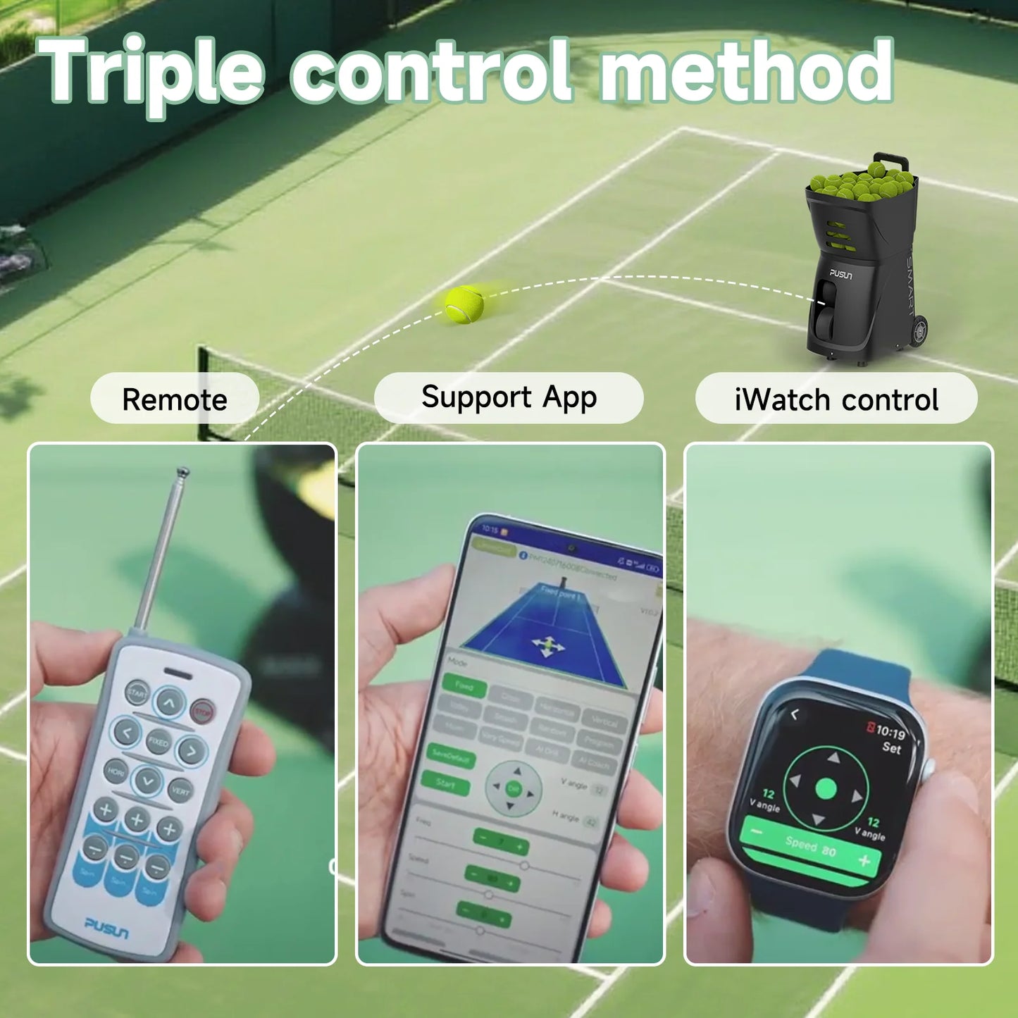 Tennis Ball Machine, PUSUN PT-Smart Tennis Ball Launcher for All Level Tennis Players, 100+Ball Capacity,4-6hs Working Time