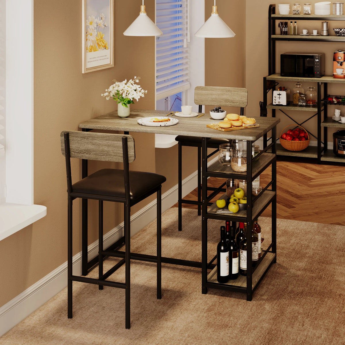 Dining Table Set for 2, Kitchen Table and Chairs, 3 Piece Counter Height Bar Kitchen Table Set with 2 Upholstered Chairs & 3 Storage Shelves for Small Space, Apartment, Retro Color/Gray