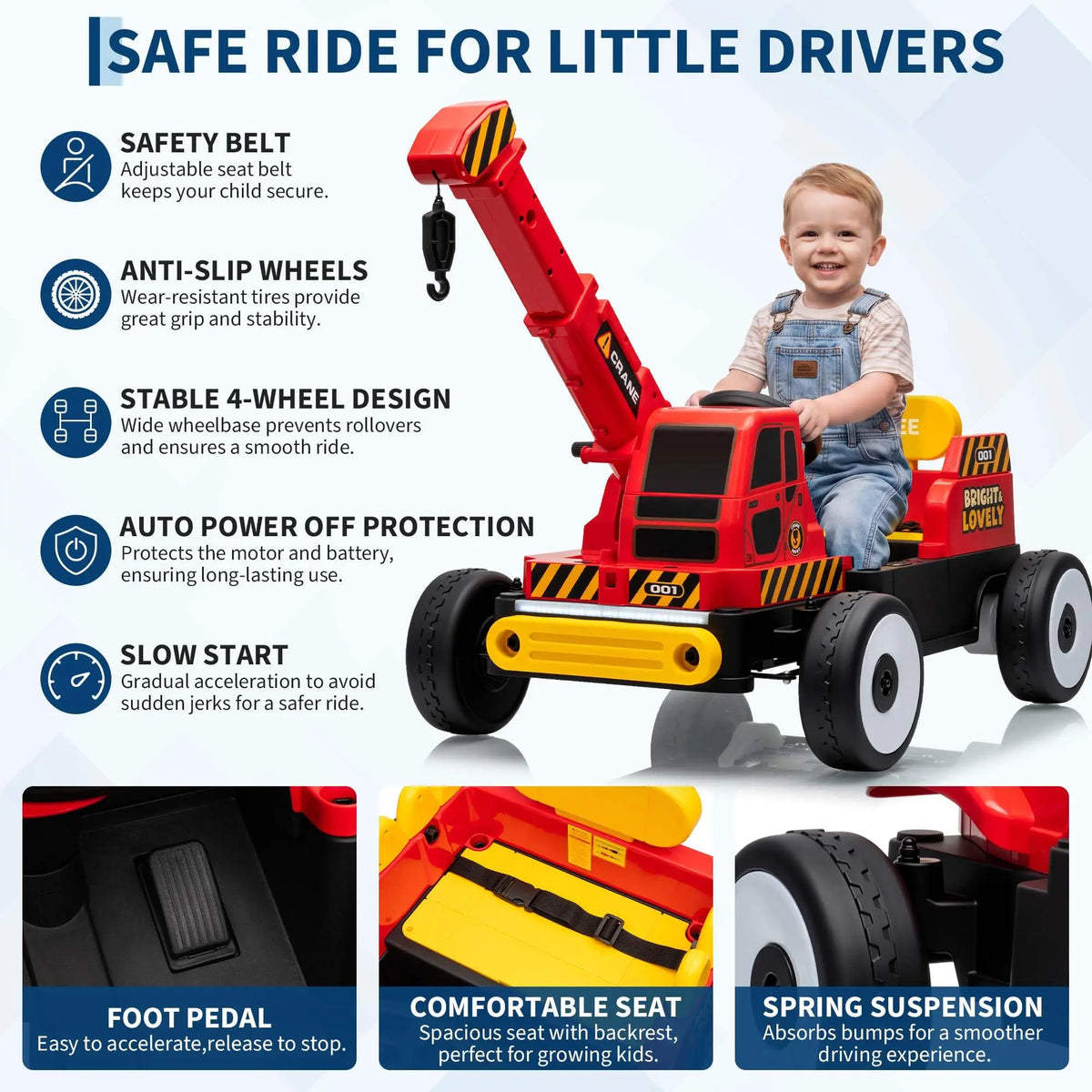 3 In 1 Kids Electric Ride On Car With Parent Remote, Off Road Crane Dinosaur Fronts, Led Lights, Music, 2 Speeds