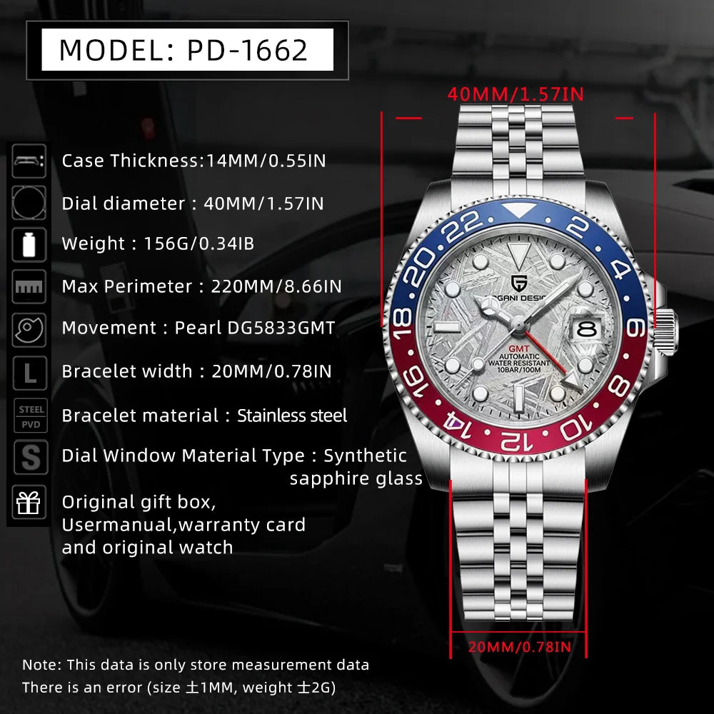 2026 PAGANI DESIGN V2 40MM Pepsi Meteorite Dial Men Mechanical Watch 100M Waterproof Jubilee Watch Strap Sapphire Glass Stainless Steel Automatic Watch for Men Gift Watch
