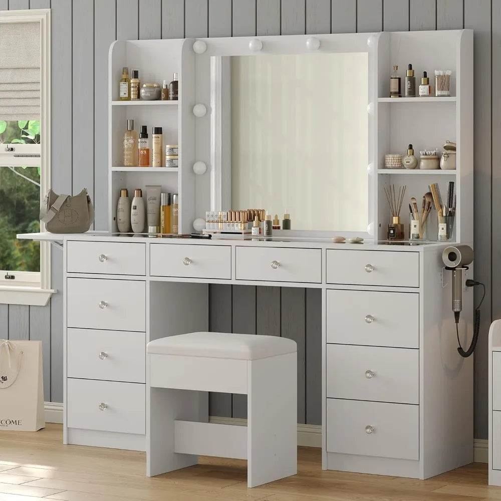 "LED-Illuminated Makeup Vanity Desk with Mirror, Power Outlet, and Ample Storage"