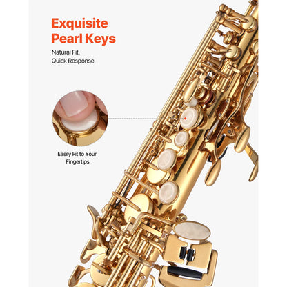 SucceBuy Straight Soprano Brass Saxophone B Flat 23 Keys, Mouthpiece, Cleaning Cloth Rod, Gloves, Neck Strap, kit for Beginners