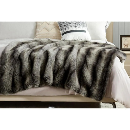 High-end Premium Fuzzy Faux Wolf Fur Throw Blanket 50" x 60", Luxury Cozy Accent Thick Animal Skin Fluffy Fox Blanket for Couch