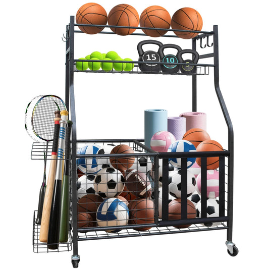 Garage Sports Equipment Organizer, Large Capacity Ball Storage Rack, Rolling Ball Cart with Wheels for Indoor & Outdoor