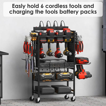 Black Rolling Garage Storage Cart with Power Tool Organizer and Charging Station for Mechanics