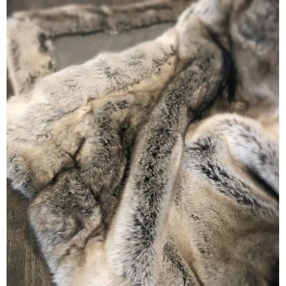 Luxury Faux Fur Throw Blanket Super Soft Oversized Thick Warm Afghan Reversible to Plush Velvet in Tan Grey Wolf, Cream Mink or