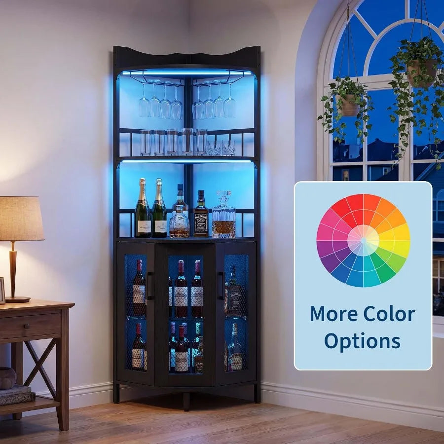 Corner Bar Cabinet, 5Tier Wine Cabinet with Power OutletsandLED Lights