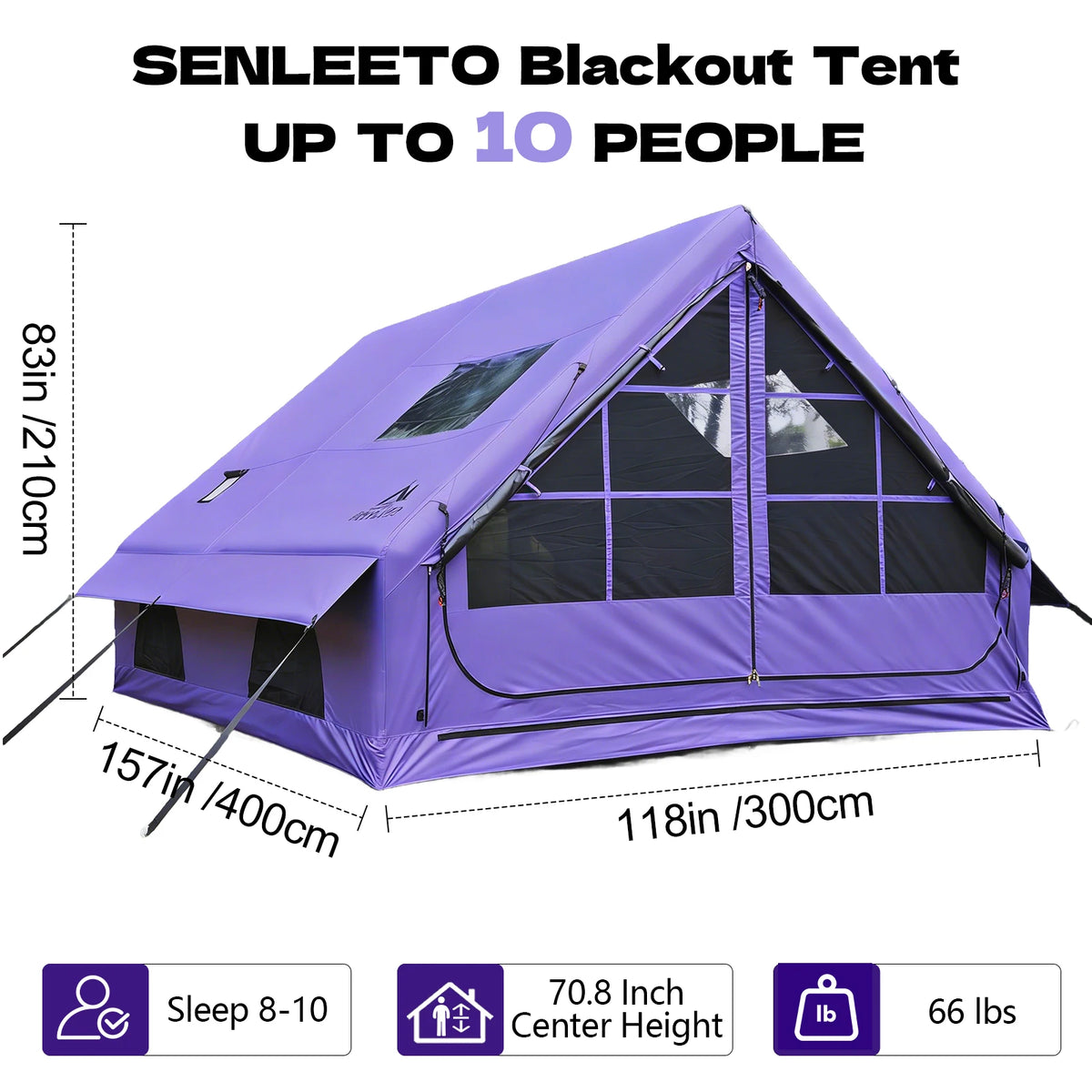 SENLEETO 129 Square Feet Black Coating Inflatable Tent Luxury Glamping House Tent 4-8 Person 4 Season Blow Up Camping Tent with Stove Jack AC Port Air Tent with Moisture-proof Mat and Fireproof Mat