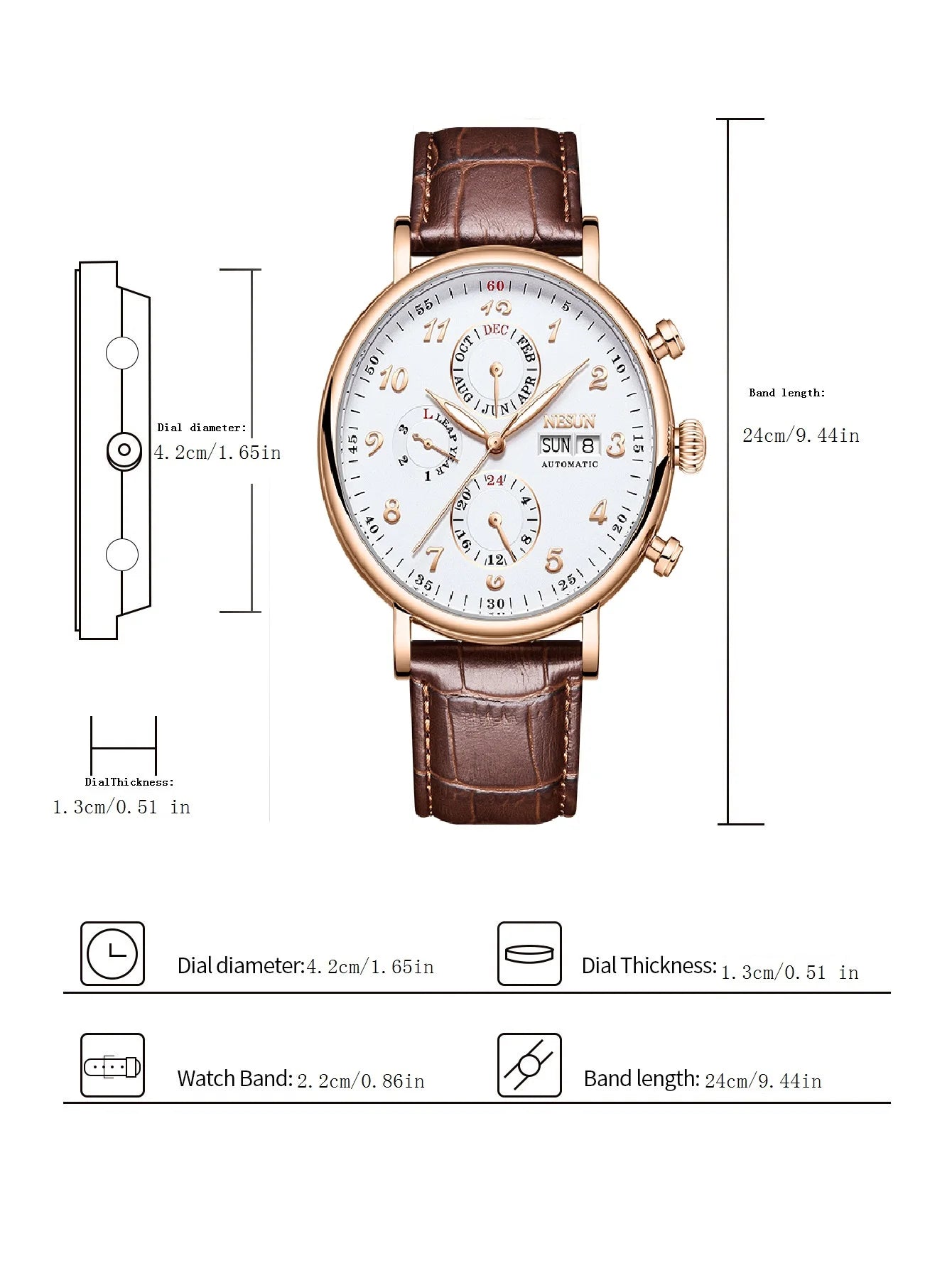 NESUN automatic mechanical men's watch with multi-functional luminous stainless steel case, a classic business men's watch
