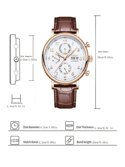 NESUN automatic mechanical men's watch with multi-functional luminous stainless steel case, a classic business men's watch