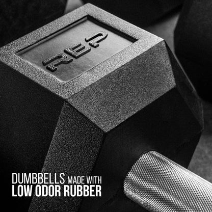 Rep Fitness Rubber Hex Dumbbell Sets - Single Weights Over 55lbs and Pairs from 5lbs to 50lbs - Low Odor, Fully Knurled Grips