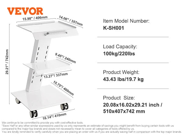 VEVOR Lab Trolley 3-Layer Rolling Cart Metal Mobile Trolley  220 lbs Weight Capacity for Lab Clinic Beauty and Salon