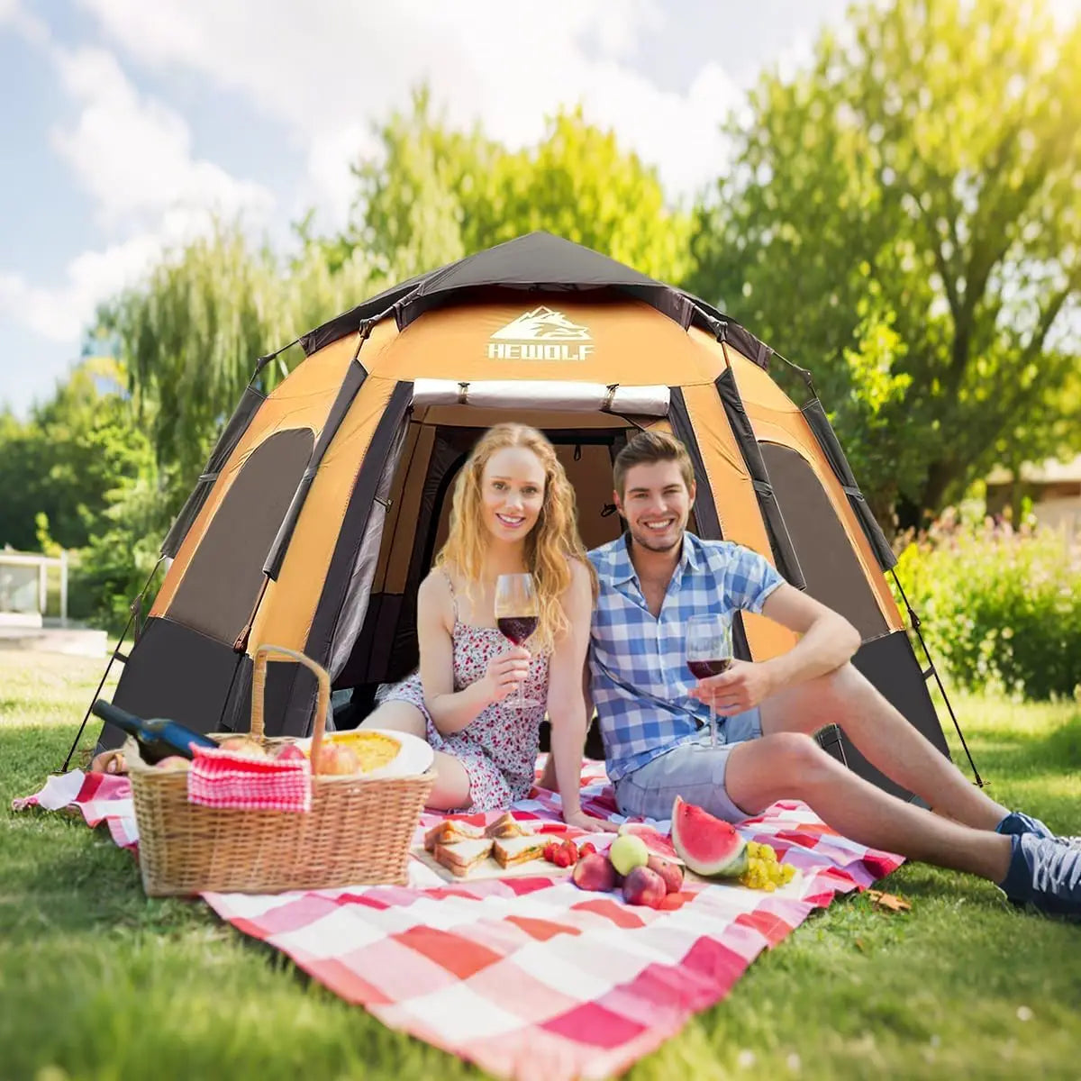 Instant Pop Up 2/3/4 Person Camping Tent, Waterproof with 2 Doors, Easy Setup Hexagonal Dome 3-Season Shelter for Family Hiking and Travel