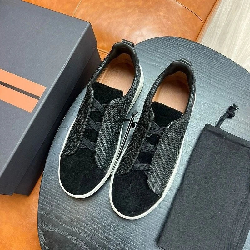 Low profile luxury men's casual loafers, casual sports shoes, elastic knitted leather driving shoes, lightweight and breathable