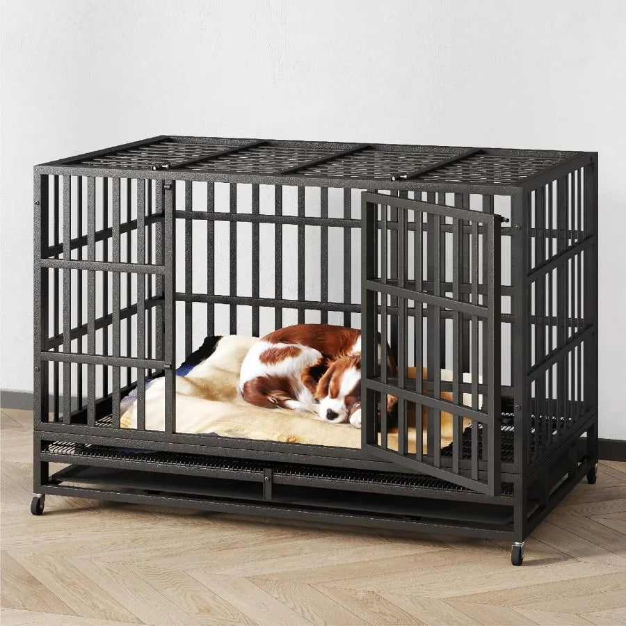 48/42/38 Inch Heavy Duty Indestructible XL Dog Crate Steel Escape Proof Indoor Double Door High Anxiety Cage with Wheels Remova