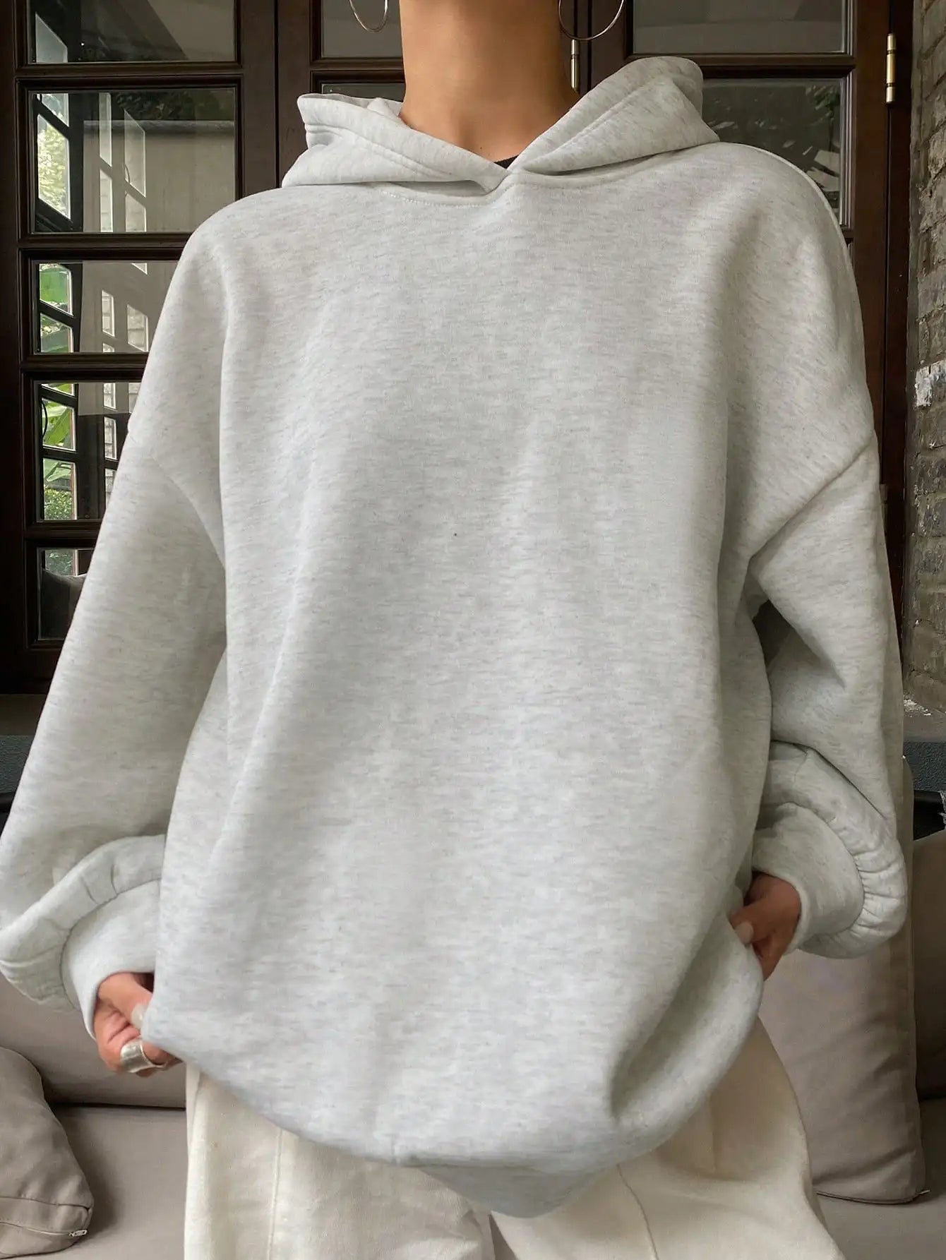 DAZY Women's Oversized Hoodie with Thermal Lining, Solid Gray Casual Sweatshirt for Fall Winter